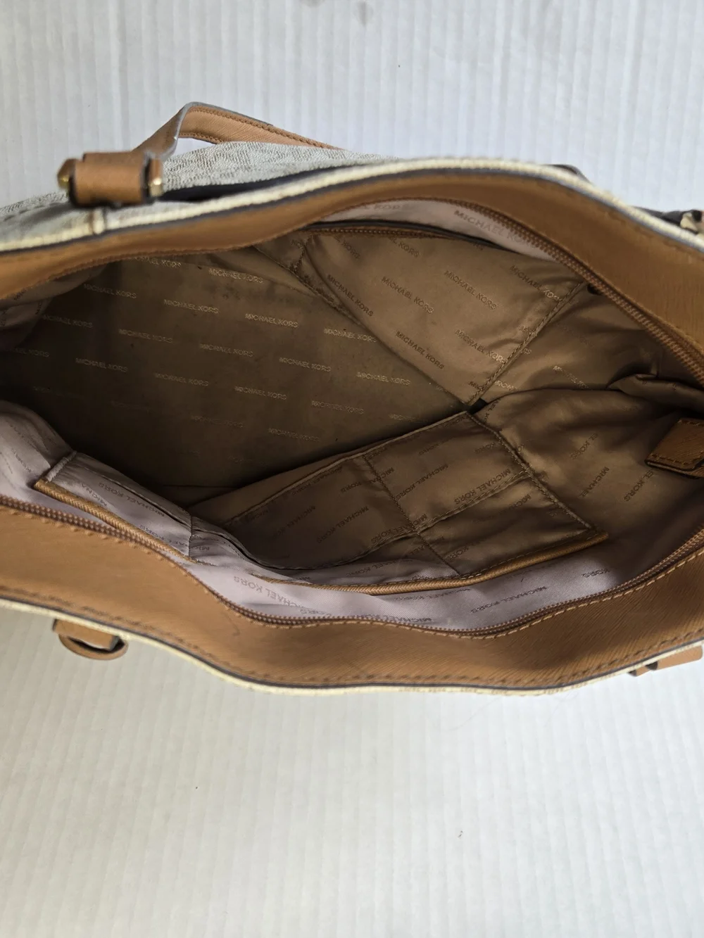 Michael Kors Cream Signature MK Tote with Tan Leather Straps